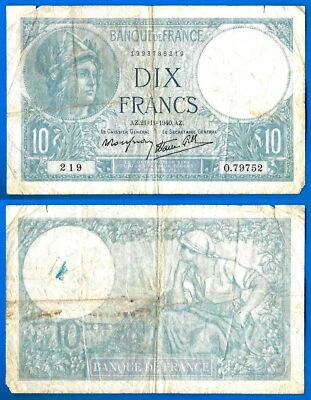 France 10 Francs 1940 21 November Minerve Serie O Europe Frcs Free Ship World - Image 1 of 3
