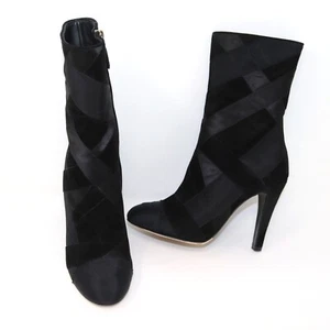 Chanel 39 Black Suede Grosgrain Boot Satin Patchwork Paris Cosmopolite Mid Calf - Picture 1 of 16
