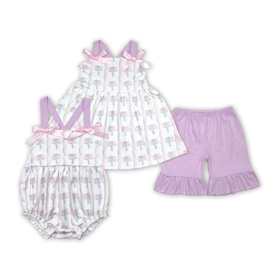 Conjunto de pantalones cortos túnica floral púrpura hermano niñas pequeñas Foto 1 de 1