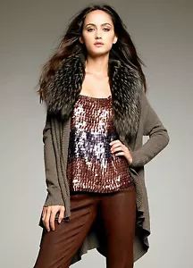 Alice + Olivia Fur Trim Cascade Cardigan In Brown (Tan) Size XS NWOT - Picture 1 of 10