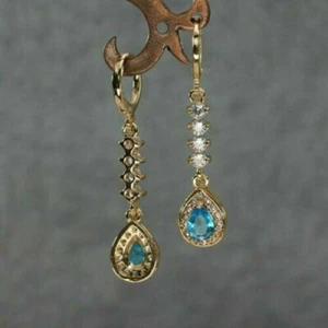 2Ct Pear Cut Lab Created Sapphire Drop & Dangle Earrings 14K Yellow Gold Plated - Picture 1 of 3