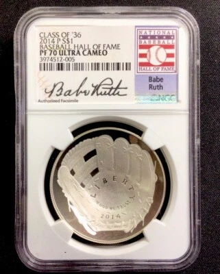 2014 P 1$ Baseball Hall Of Fame Class Of ‘36! Babe Ruth! NGC PF 70 Ultra Cameo! - Image 1 of 2