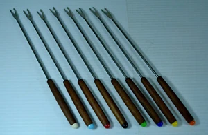 8 Pc Vintage Fondue Forks Wood Handle Color Bead 9.25" Long Japan Stainless - Picture 1 of 5