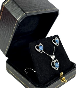 WHITE GOLD FINISH Round Cut Blue Topaz Created Diamond Heart Swirl Jewellery Set - Picture 1 of 5