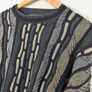 3D Knit Sweater L Black Gray Tan Vintage 90 Stripe Biggie Cosby Dad Grandpa - Picture 1 of 9