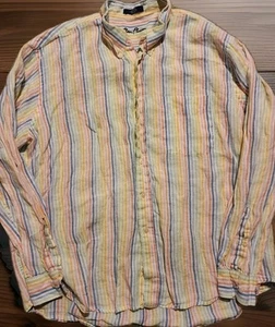 Alan Flusser Shirt Mens XXL Multicolor Stripe Linen Button Up Shirt Summer Light - Picture 1 of 6