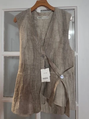 ZARA ASYMMETRIC VEST 100% LINEN SIZE SMALL BEIGE NWT $89 - Image 1 of 4