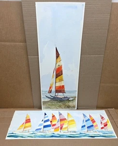 Paar Aquarelle Gemälde von Ed Fickett Segelboote Meereslandschaft signiert - Bild 1 von 10