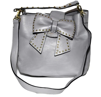 Betsey Johnson Gray Faux Leather Studded Bow Detachable Strap Shoulder Bag NWOT - Image 1 of 4