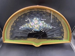 Quadro ventaglio ventaglierà nero decorato a mano firmato d'orato vintage - Foto 1 di 4