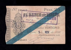 F.C. 25 PESETAS BANCO DE GIJÓN 1936 , MBC . - Foto 1 di 2