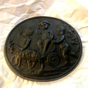 C1784 Wedgwood Black Basalt Lg Oval Plaque Putti w/ Goat 6.25" x 7.5" RARE NICE! - Picture 1 of 9