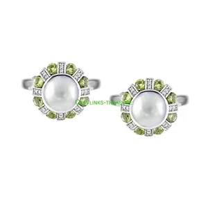 Naturel Péridot & Perle Zircone Gemmes 925 Argent Sterling Boutons pour Men - Picture 1 of 3