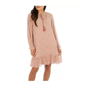 Luxology Womens Floral Dress Split Tie Neck Long Sleeve Beige/Brown, Sz S - Picture 1 of 13