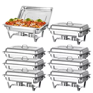 8er Pack 9 Quart Edelstahl Chafing Dish Set Gastronomie Chafer Speisenwärmer Silber - Bild 1 von 8