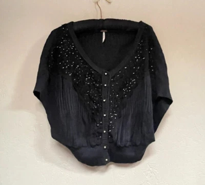 Free People Racing Star Small Cardigan Sweater Black Lace Sequins Embroidery - Изображение 1 из 4