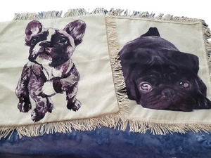 2 Bulldog Pug Puppies Purple Tones Beige Linen Fringe 17x17" Throw Pillow Cover - Picture 1 of 5