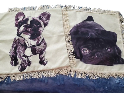2 Funda Almohada Bulldog Pug Cachorros Tonos Púrpura Beige Lino Flecos 17x17" Foto 1 de 4
