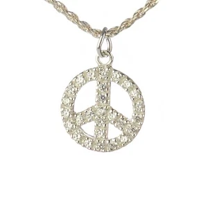 925 Solid Silver Sparkly Peace Sign Pendant With 16" Italy Diamond Cut Necklace - Picture 1 of 5