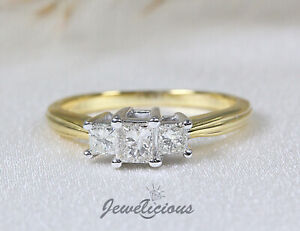Fabulous 14K Yellolw Gold Natural Princess Cut Diamonds 3 Stone Engagement Ring