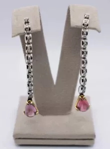 Par Pendientes Colgantes Oro 18Kt. Diamantes Naturales Y Turmalinas Rosa Ct. - Imagen 1 de 6