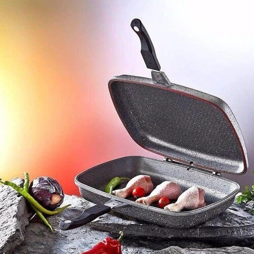 Piastra doppia bistecchiera pentola anti aderente padella coperchio girare cibo - Immagine 1 di 2