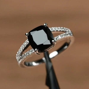 Cushion Cut Lab Created Black Diamond Women Engagement Ring 925 Sterling Silver - Picture 1 of 4