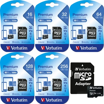 Verbatim microSD Premium Class 10 Memory Card 16GB 32GB 64GB 128GB 256GB - Image 1 of 4