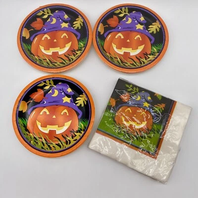 Retro Vintage Halloween Calabaza Mágica Plástico Recubierto 7" Platos Servilletas Papel Arte Foto 1 de 4