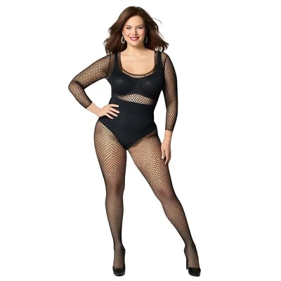 Body lencería entrepierna abierta manga larga bodystocking de red negro talla grande Foto 1 de 4