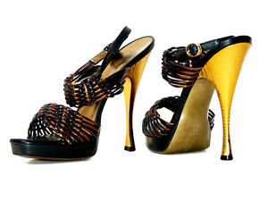 New DONNA KARAN Platform Leather Shoes Sandals Black & Bronze It. 38 - US 8