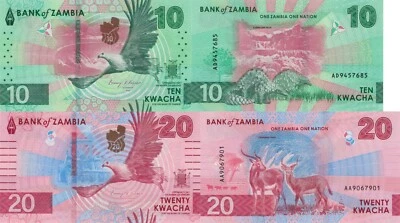 Zambia Juego de 2 piezas: 10 y 20 Kwacha (2024), p62, p63; B171, B172 UNC Foto 1 de 3