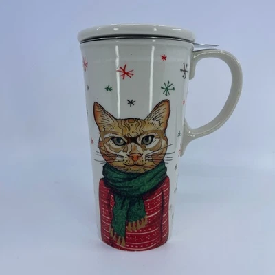 preppy christmas cat double wall ceramic tall mug with Infuser & lid - Image 1 of 4