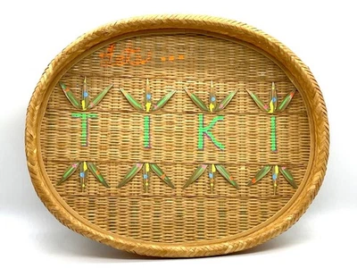 Bandeja de mimbre vintage grande ovalada tejida Tiki de bambú arte de pared estilo tropical Foto 1 de 2