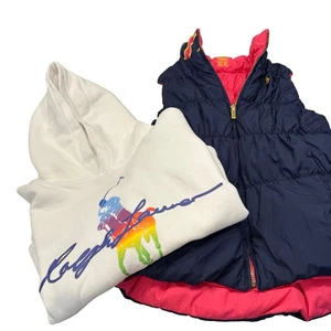 Ralph Lauren Girls 2 PCS Set Reversible Down Puffer Vest & White Hoodie M(8-10) - Picture 1 of 16