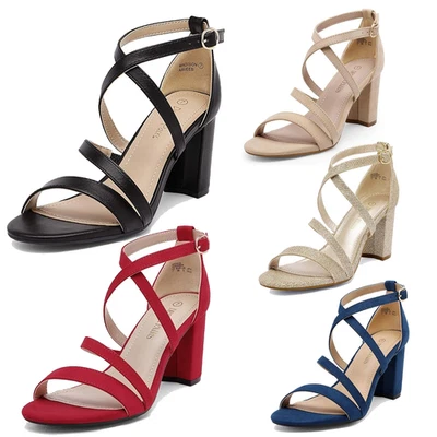 Sandalias de tacón grueso para mujer con correa cruzada punta abierta vestido sandalias zapatos Foto 1 de 4