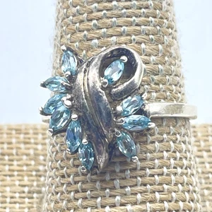 Vintage Silberfarben Blau Strass Cluster Ring Marquise - Bild 1 von 6