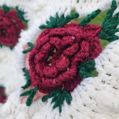 Colcha Navidad Vintage 3d Crochet Flores Rosa Manta Rojo Blanco 56x97  Foto 1 de 4