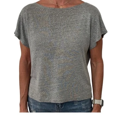 Alice+Olivia Gray Linen Blend Short Sleeve Draped Back Tee Blk Leather Trim - Image 1 of 4