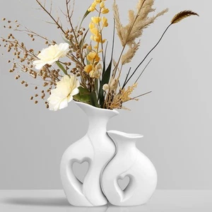 Heart Ceramic Vase Set of 2, White Flower Vases for Lovers, Modern Minimalist... - Picture 1 of 7