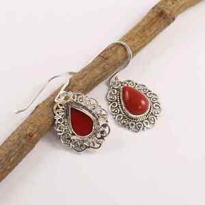 2.10 Ct Pear Cut Simulated Red Coral Drop-Dangle Earring 14K White Gold Plated