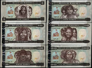 Eritrea 1 5 10 20 50 100 NAKFA P-1 2 3 4 5 6 1997 Complete Set UNC Animal NOTE - Picture 1 of 3