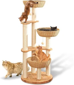 52" Modern Cat Tree Tower Oak Cat Scratching Tree for Multiple Large Cats - Picture 1 of 8