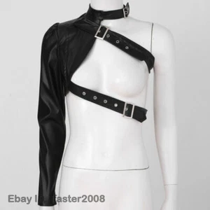Top donna gotico punk crop top pelle PU fibbia imbracatura top giacca irregolare club - Foto 1 di 22