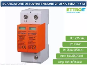 SCARICATORE LIMITATORE DI SOVRATENSIONE TIPO T1+T2 2P 25KA-50KA SPD ALIMITAZIONE - Foto 1 di 3