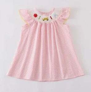 Boutique Back to School Apple School Bus Girls Pink Embroidered Smocked Dress - Picture 1 of 9