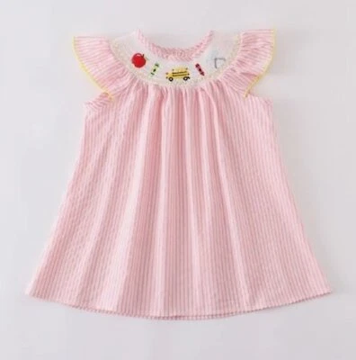 Boutique Back to School Apple School Bus Girls Pink Embroidered Smocked Dress - Image 1 of 4