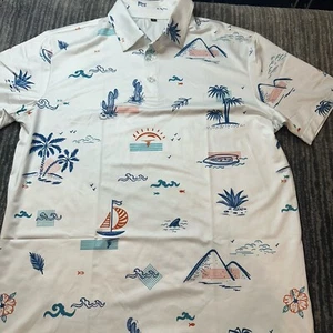 Golf Shirt Mens L Polo Hawaiian Shirt White Sailboat Print Shark Fin Casual New - Picture 1 of 11