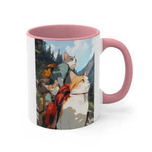 Colorful Accent Coffee Mug 11oz Hiking Cat Kitty Kitten Feline Summer Camping - Picture 1 of 21