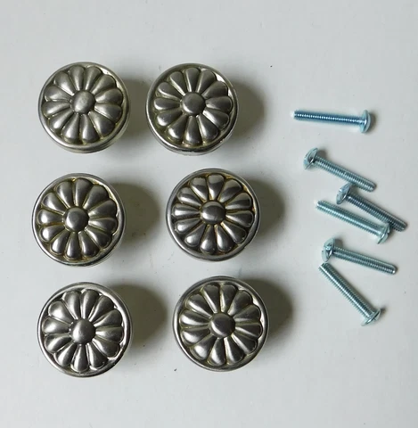 6 Vintage Keeler Brass Sechel Round Flower Nickel Drawer Knobs Handles 1 1/4" Cover